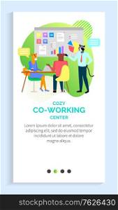 cozy coworking center in company vector, employees of organization work at table and board, manager planning company strategy with colleagues. Website or app slider template, landing page flat style. ?ozy ?oworking ?enter for New Company Employees