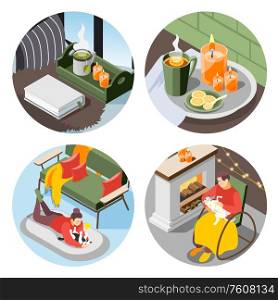 Cozy danish lifestyle concept 4 round isometric composition elements with burning candles book fireplace plaid vector illustration