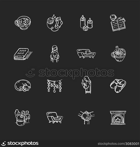 Cozy danish trend chalk white icons set on black background. Scandinavian christmas hygge. Welcoming atmosphere. New Year decoration ideas. Isolated vector chalkboard illustrations. Cozy danish trend chalk white icons set on black background