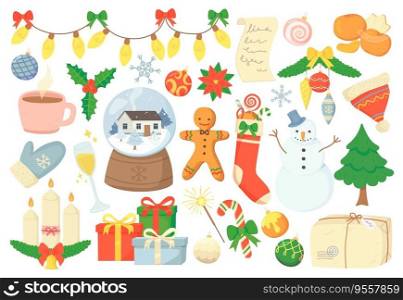 Cozy doodle Christmas elements decoration and symbol set. Gift, christmas globe, snowman, gingerbread man, Christmas tree and toys. Winter holidays concept. Stock vector illustration in cartoon style. Cozy doodle Christmas elements decoration and symbol set. Gift, christmas globe, snowman, gingerbread man, Christmas tree and toys. Winter holidays concept. Stock vector illustration in cartoon style.