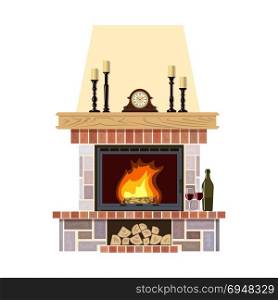 Cozy flaming fireplace. Flaming fireplace in the parlor. Cute and cozy burning hearth with clock, wine bottle and glasses, candlesticks, firewood. For postcards, greetings, prints, textile, web background, banner