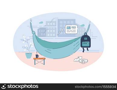 Cozy hammock semi flat vector illustration. Office lounge zone 2D cartoon interior for commercial use. Independent employee workplace. Working remotely with comfort, freelance occupation. Cozy hammock semi flat vector illustration