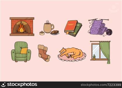 Cozy home atmosphere and mood concept. Set of interior armchair fire book tasty tea with cookies knitting red cat and clean window over pink background . Cozy home atmosphere and mood concept