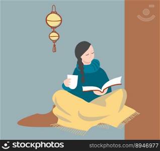 Cozy home composition with a character of a girl in a plaid with a cup reading book