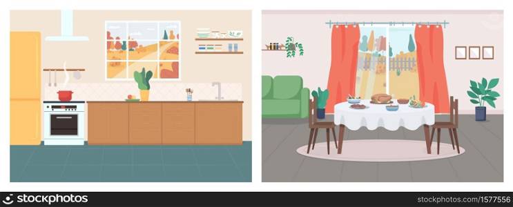 Cozy home flat color vector illustration set. Kitchen in household. Thanksgiving serving on table in living room. House 2D cartoon interior with autumn in window on background collection. Cozy home flat color vector illustration set