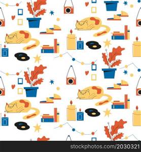 Cozy home objects seamless pattern. Comfort room elements and Scandinavian hygge things. Cartoon print template with pet or candles. Vinyl records and indoor plants in flowerpots. Vector background. Cozy home objects seamless pattern. Comfort room elements and Scandinavian hygge things. Cartoon print with pet or candles. Vinyl records and plants in flowerpots. Vector background