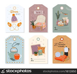 Cozy home. Scandinavian comfort hand drawn interior objects on price tags, warm cute little things for comfort on gift signatures. Furniture and dishes, pillows and blankets on card vector cartoon set. Cozy home. Scandinavian comfort hand drawn interior objects on price tags, warm cute things for comfort on gift signatures. Furniture and dishes, pillows and blankets on card vector set