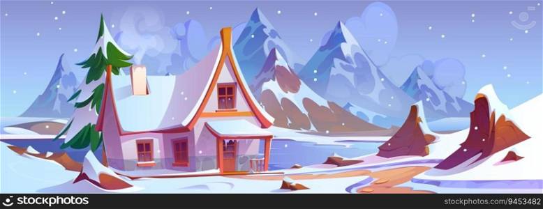 Cozy house near lake in winter mountain valley. Vector cartoon illustration of fir tree growing near rural cottage, porch covered with snow, smoke rising from chimney, snowflakes falling from sky. Cozy house near lake in winter mountain valley