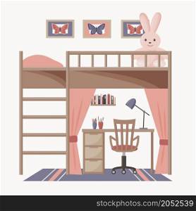 Cozy interior of a children's room with an attic bed and a desk. A room for children with a workplace. Vector