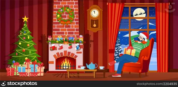 Cozy Interior of Living Room with Window, Man on Armchair, Table, Christmas Tree. Happy New Year Decoration. Merry Christmas Holiday. New Year and Xmas Celebration. Cartoon Flat Vector Illustration. Christmas interior of the living room