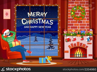 Cozy Interior of Living Room with Window, Man on Armchair, Table. Happy New Year Decoration. Merry Christmas Holiday. New Year and Xmas Celebration. Cartoon Flat Vector Illustration. Christmas interior of the living room