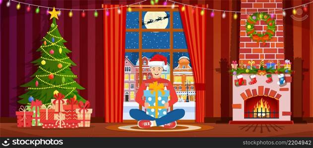 Cozy interior of room with window and fireplace. Happy new year decoration. Merry christmas holiday. New year and xmas celebration. Vector illustration in flat style. Cozy interior of room with window and fireplace.