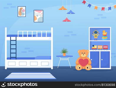 Cozy Kids Bedroom Interior with Furniture Like Bed, Toys, Wardrobe, Bedside Table, Vase, Chandelier in Modern Style in Cartoon Vector Illustration