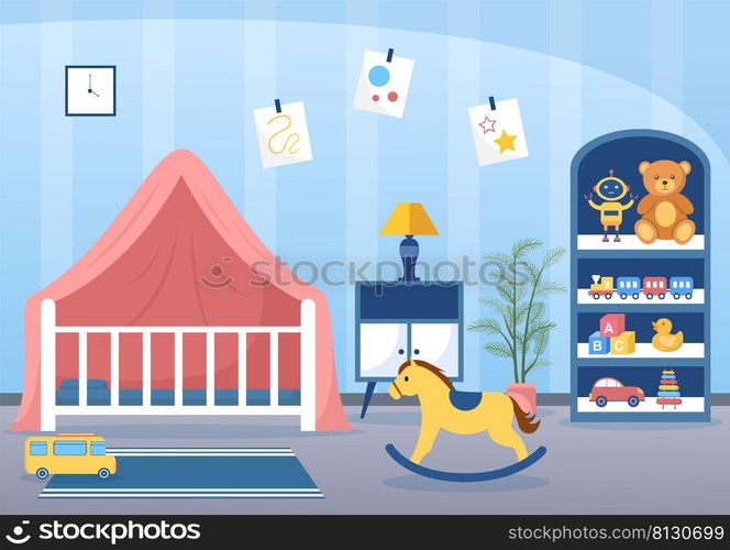 Cozy Kids Bedroom Interior with Furniture Like Bed, Toys, Wardrobe, Bedside Table, Vase, Chandelier in Modern Style in Cartoon Vector Illustration