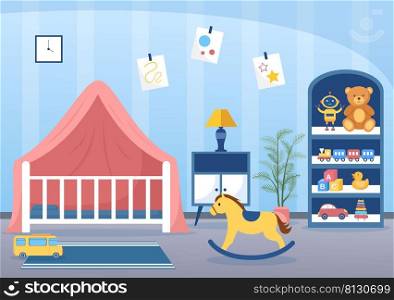 Cozy Kids Bedroom Interior with Furniture Like Bed, Toys, Wardrobe, Bedside Table, Vase, Chandelier in Modern Style in Cartoon Vector Illustration