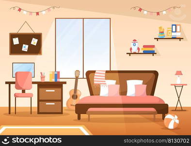 Cozy Kids Bedroom Interior with Furniture Like Bed, Toys, Wardrobe, Bedside Table, Vase, Chandelier in Modern Style in Cartoon Vector Illustration