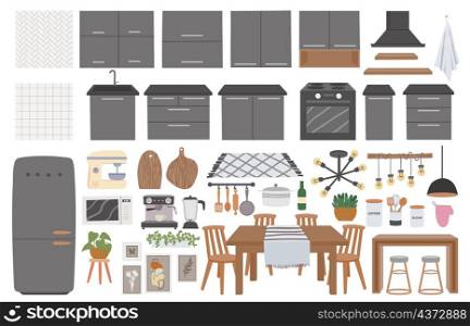 Cozy kitchen furniture, utensils, decoration and cooking appliances. Hygge cook room interior elements, table and kitchen cabinet vector set. Illustration of furniture decoration interior. Cozy kitchen furniture, utensils, decoration and cooking appliances. Hygge cook room interior elements, table and kitchen cabinet vector set