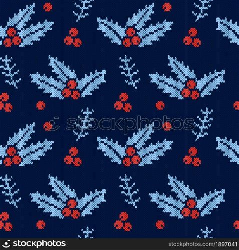 Cozy knitted christmas seamless pattern with holly leaves and red berries