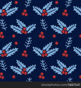 Cozy knitted christmas seamless pattern with holly leaves and red berries