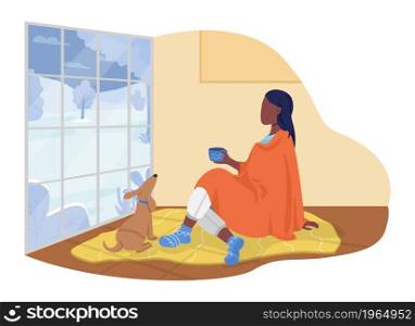 Cozy living at home 2D vector isolated illustration. Woman sitting with blanket in living room with pet dog flat character on cartoon background. Wintertime recreation colourful scene. Cozy living at home 2D vector isolated illustration