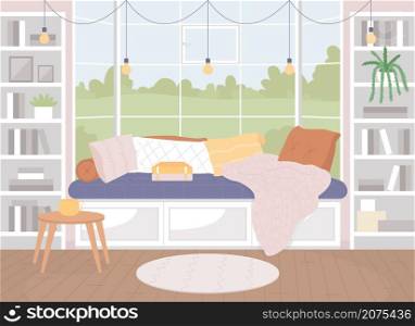 Cozy living room flat color vector illustration. Comfortable sofa between book shelves. Pillows and blankets for comfy seating. Nordic style 2D cartoon interior with furnishing on background. Cozy living room flat color vector illustration