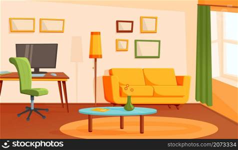 Cozy living room. Home interior, flat modern apartment. Contemporary loft design, cartoon cabinet or house office recent vector background. Illustration apartment cozy, home interior. Cozy living room. Home interior, flat modern apartment. Contemporary loft design, cartoon cabinet or house office recent vector background