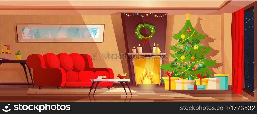 Cozy living room interior decorated for Christmas holidays. Cartoon vector illustration with red sofa, Christmas tree, fireplace and gifts.