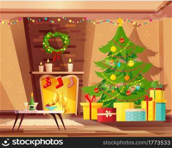 Cozy living room interior decorated for Christmas holidays. Cartoon vector illustration with Christmas tree, fireplace and gifts.