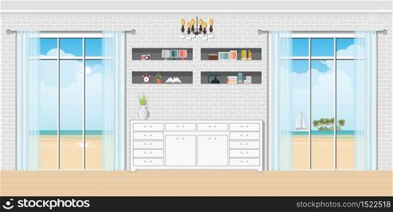 Cozy Living room interior view through the window seaside. design template in flat style Vector illustration.