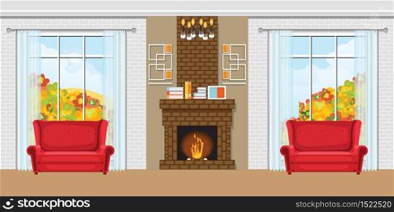 Cozy Living room interior with fireplace and red chairs, view through the window autumn view. design template in flat style Vector illustration.