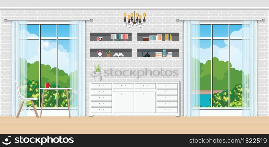 Cozy Living room interior with table and chairs, view through the window sunny day. design template in flat style Vector illustration.