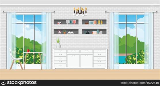 Cozy Living room interior with table and chairs, view through the window sunny day. design template in flat style Vector illustration.