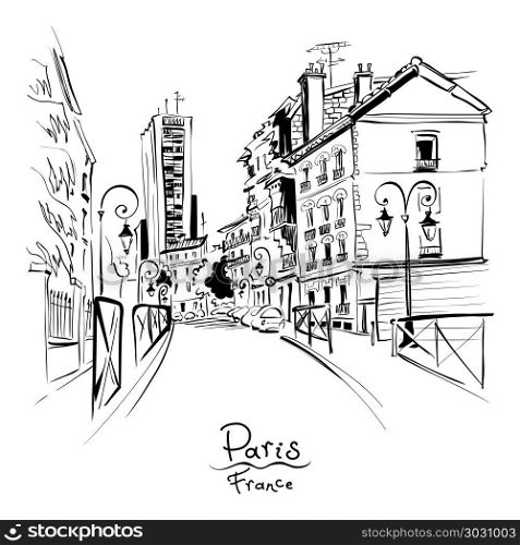 Cozy Paris street, France. Vector black and white hand drawing. Paris street with traditional houses and lanterns, Paris, France.