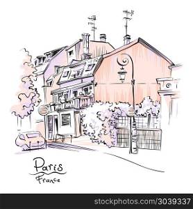 Cozy Paris street, France. Vector hand drawing. Paris street with traditional houses and lanterns, Paris, France.
