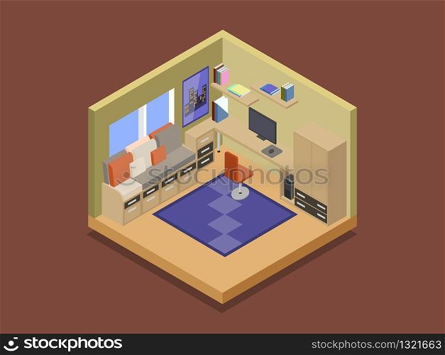 Cozy room of a teenager in isometric.. Cozy room of a teenager in isometric vector illustration