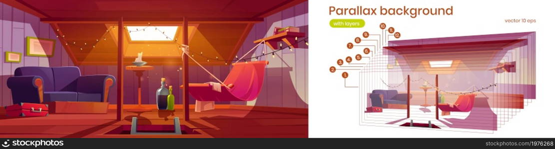 Cozy room on attic with hammock and sofa. Vector parallax background for 2d animation with cartoon interior of mansard, garret lounge with book shelf, garland and wine. Parallax background with attic room with hammock