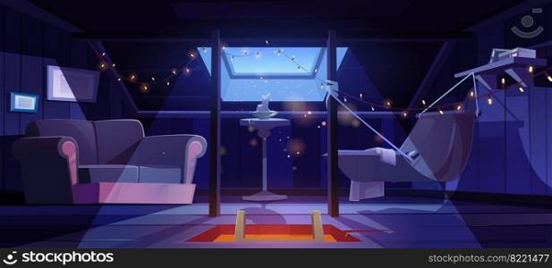 Cozy room on attic with hammock and sofa at night. Vector cartoon interior of mansard for relax and recreation, garret lounge with book shelf, garland and candles in moonlight from window in roof. Cozy room on attic with hammock and sofa at night