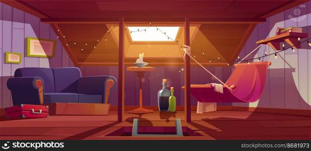Cozy room on attic with hammock, sofa and window in roof. Vector cartoon interior of mansard for relax and recreation, garret lounge with book shelf, garland and wine bottles. Cozy room on attic with hammock, sofa and window