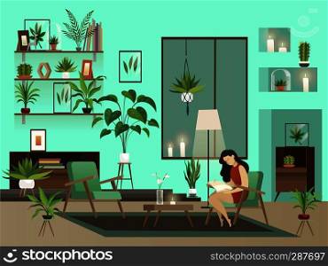 Cozy room. Vector night living room with lone reading woman and urban garden vector illustration. Cozy room. Vector night living room with lone reading woman and urban garden