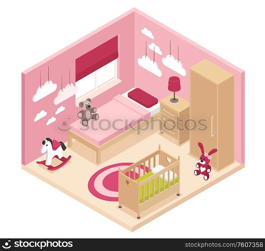Cozy rose children room isometric interior with wardrobe bedside cabinet near bed baby cot and bunk bed vector illustration