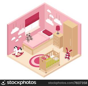 Cozy rose children room isometric interior with wardrobe bedside cabinet near bed baby cot and bunk bed vector illustration