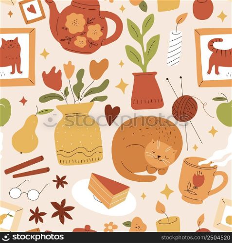 Cozy seamless pattern. Cute print with hygge home things. Calm and positive mood. Funny sleeping cat with indoor plants and tea party items. Scandinavian comfortable atmosphere. Vector background. Cozy seamless pattern. Cute print with hygge home things. Calm and positive mood. Sleeping cat with plants and tea party items. Scandinavian comfortable atmosphere. Vector background