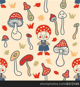 Cozy seamless pattern with gnomes and agaric mushrooms. Perfect print for tee, textile, paper and fabric. Hand drawn vector illustration for surface design.