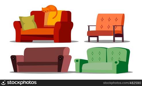 Cozy Sofa, Divan, Cushioned Furniture Vector Set. Cartoon Divan, Couch. Living Room, Office, Store Isolated Design Elements. House, Apartment Interior Decoration Objects Flat Illustrations. Cozy Sofa, Divan, Cushioned Furniture Vector Set