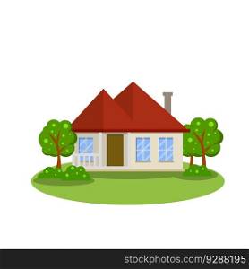 Cozy suburban house. Element of urban landscape. Small town and white house. Building with red roof and porch. Cottage and Villa with green trees.. Cozy suburban house. Element of urban landscape.