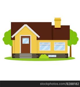 Cozy suburban house. Element of urban landscape. Small town and yellow house. Building with brown roof and porch. Cottage and Villa with green tree. Cozy suburban house. Element of urban landscape.