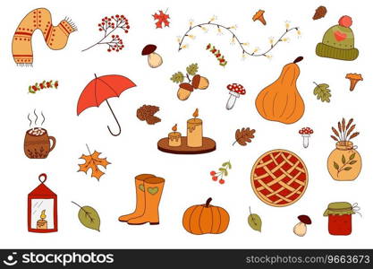 Cozy vector set of autumn icons  pumpkin, falling leaves, berries, acorns, candles, umbrella, rubber boots. Collection of fall elements for scrapbooking. Bright background for harvest time. Autumn greeting card