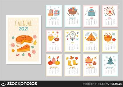 Cozy wall calendar 2021. Monthly calendars, styling home hygge schedule. Flat season planner with coffee plants warm clothes vector template. Illustration calendar 2021, organizer monthly graphic. Cozy wall calendar 2021. Monthly calendars, styling home hygge schedule. Flat season planner with coffee plants warm clothes vector template
