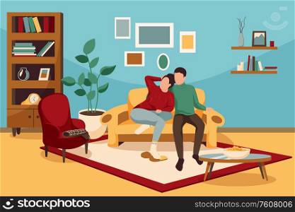 Cozy winter flat composition with domestic scenery of living room with furniture and couple of lovers vector illustration. Sweet Home Winter Composition