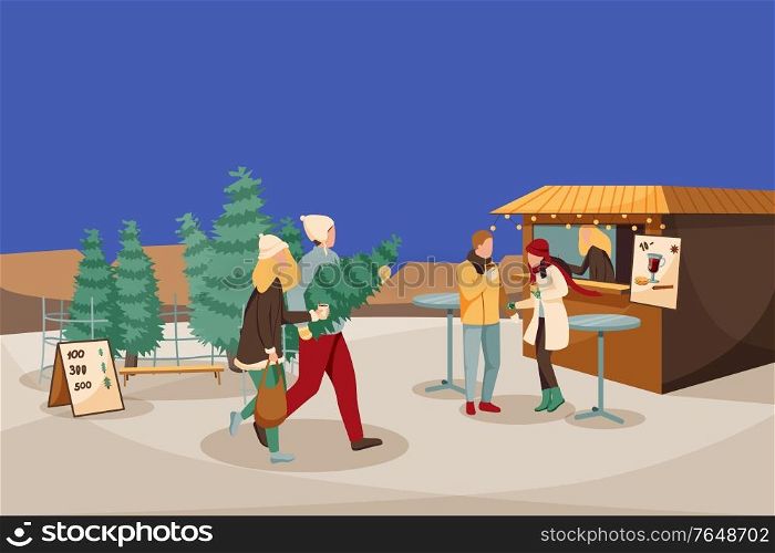 Cozy winter flat composition with outdoor landscape and happy couples buying new year trees drinking wine vector illustration. Buying Christmas Tree Composition